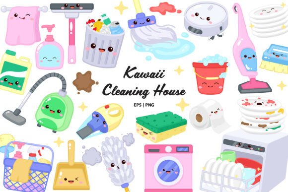 Cute House Cleaning Tools Clipart: A Design Asset for Joyful Projects